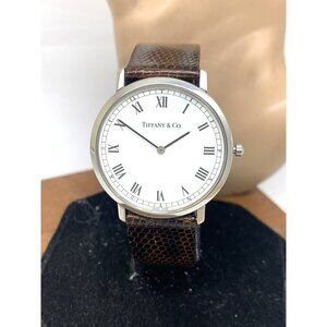 Tiffany & Co. Unisex Watch M151 Swiss Quartz White Dial Brown Leather Band 33mm